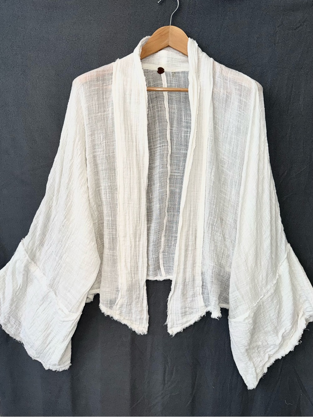 FP One Free People White Gauze Open Front Cardigan Boho Layering Shrug M/L